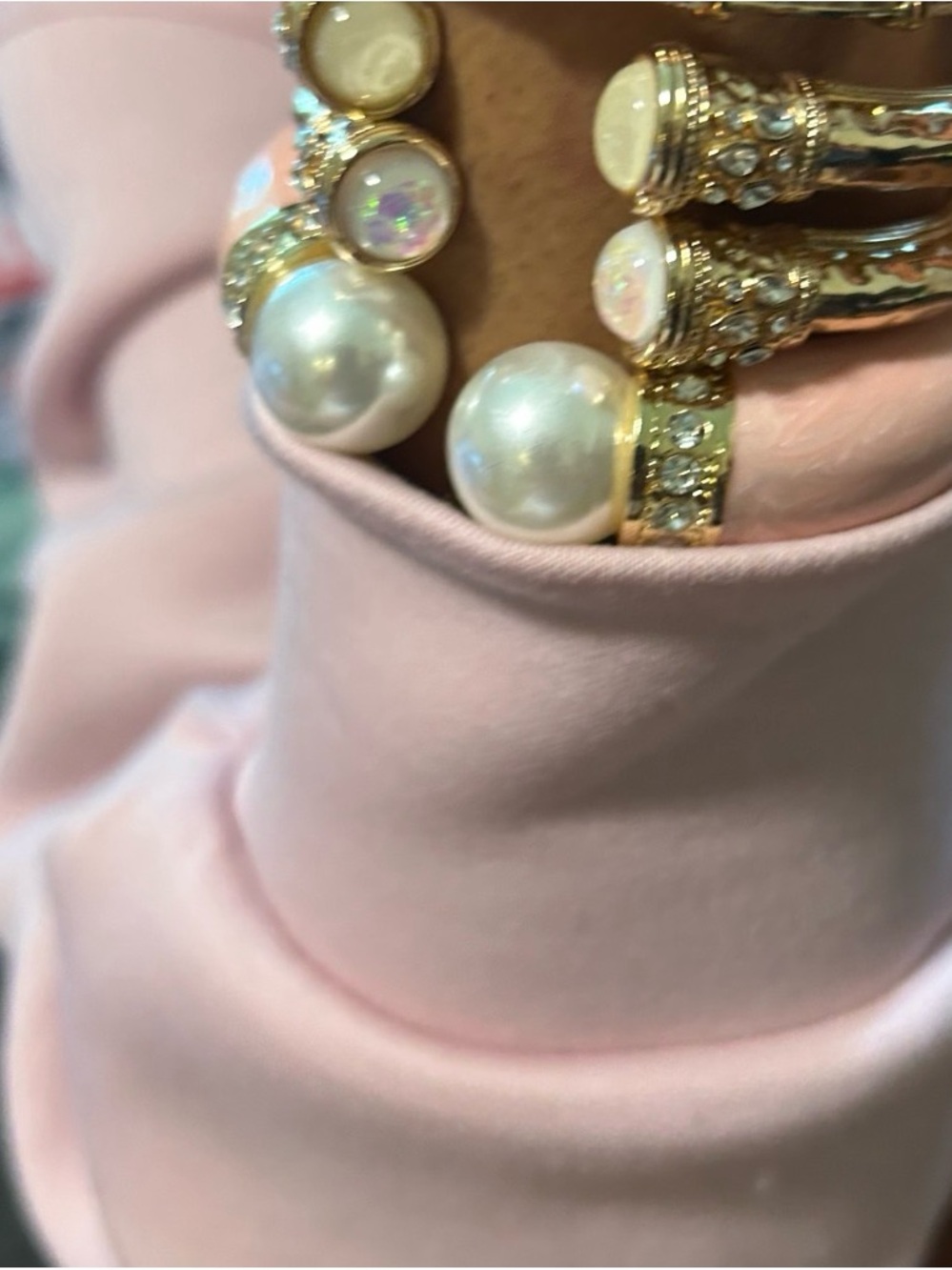 Gold Pearl Pink Statement Bangle/White Pearl and Gold bracelets set of  3